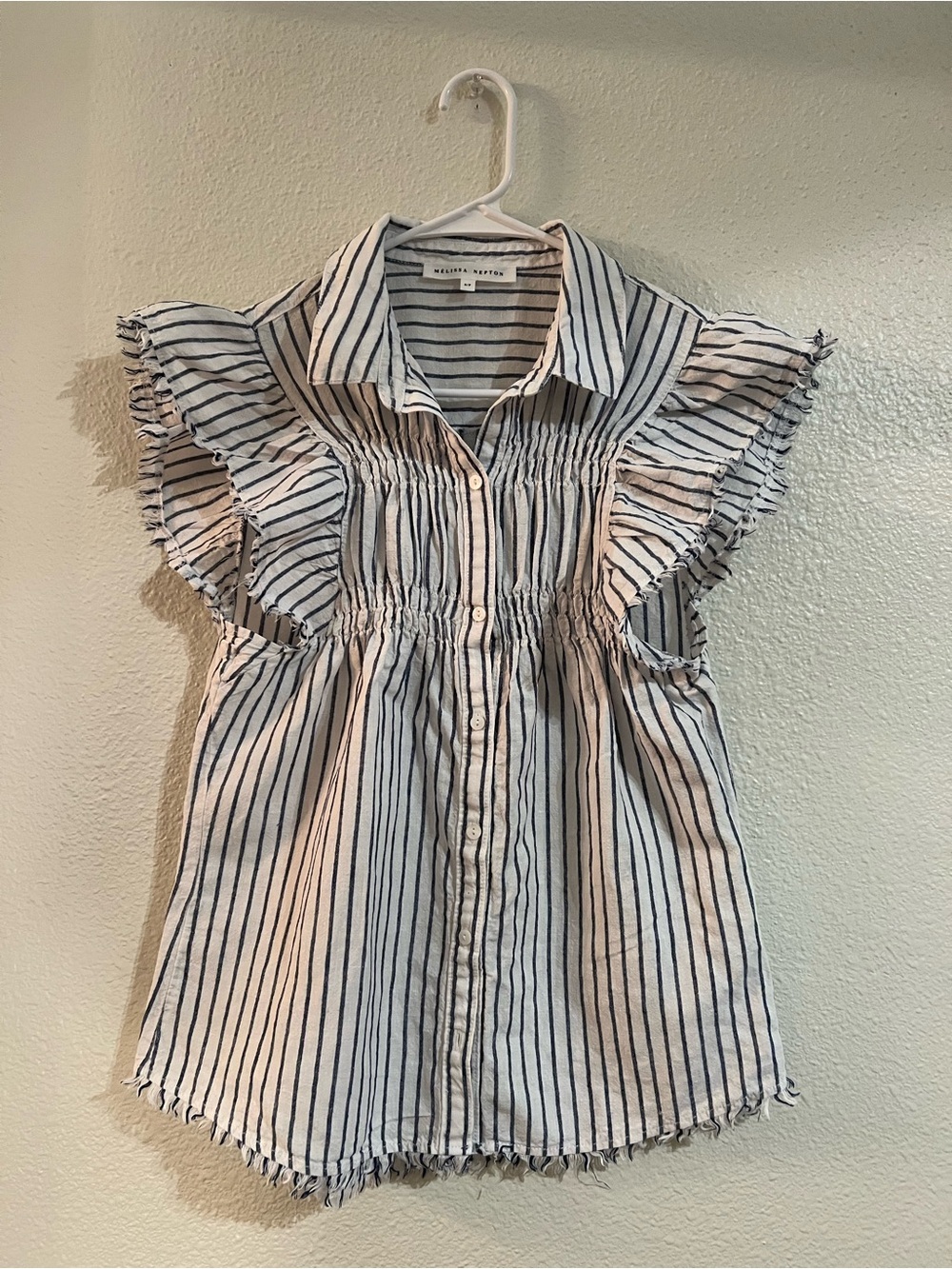 MELISSA NEPTON White and Navy Striped Ruffle-Sleeve Button Down Top